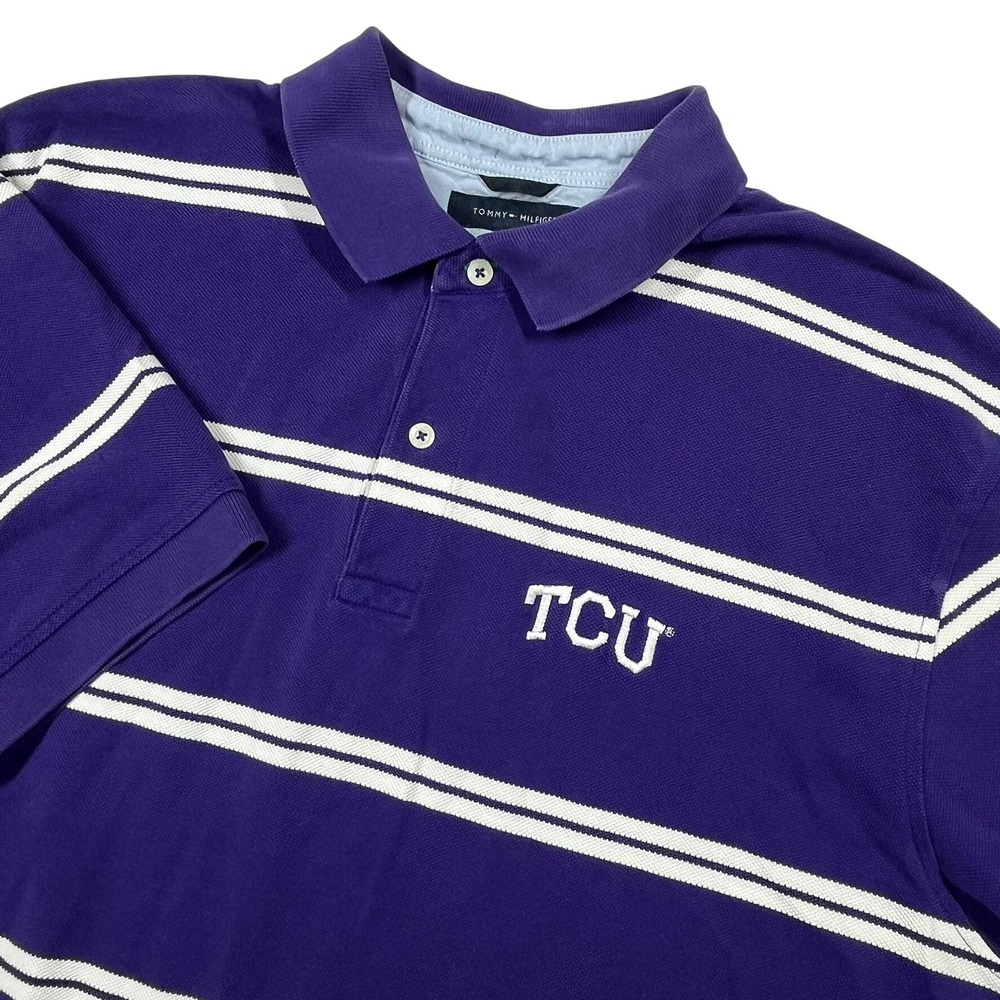 Tommy‎ Hilfiger Polo Shirt Men XL Purple Striped TCU Horned Frogs Gameday Cotton